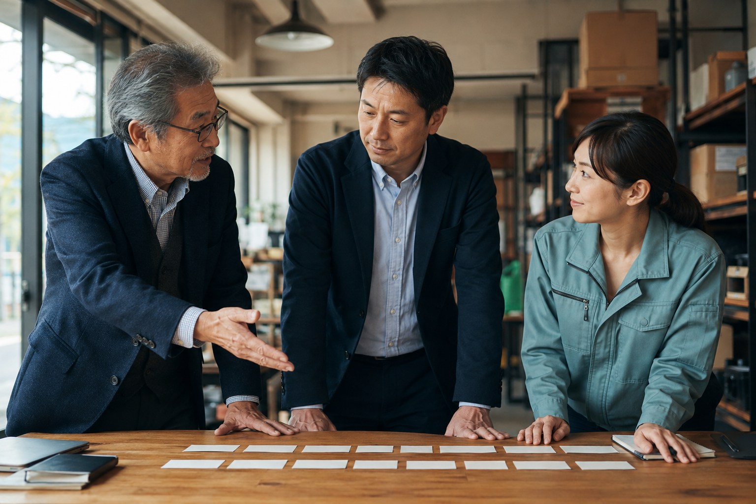 新旧の担当者が業務資料を確認しながら事業を引き継ぐ場面のイメージ