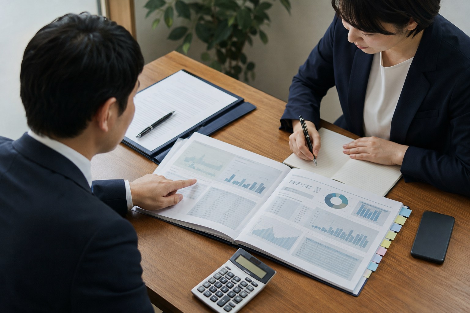 財務資料や事業資料を広げて引継ぎ可能な価値を検討する打ち合わせのイメージ